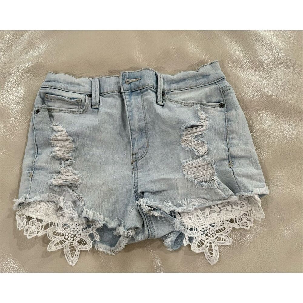Mudd Juniors High Rise Jean Shorts Size 3 Blue Distressed Lace Trim Frayed Hem